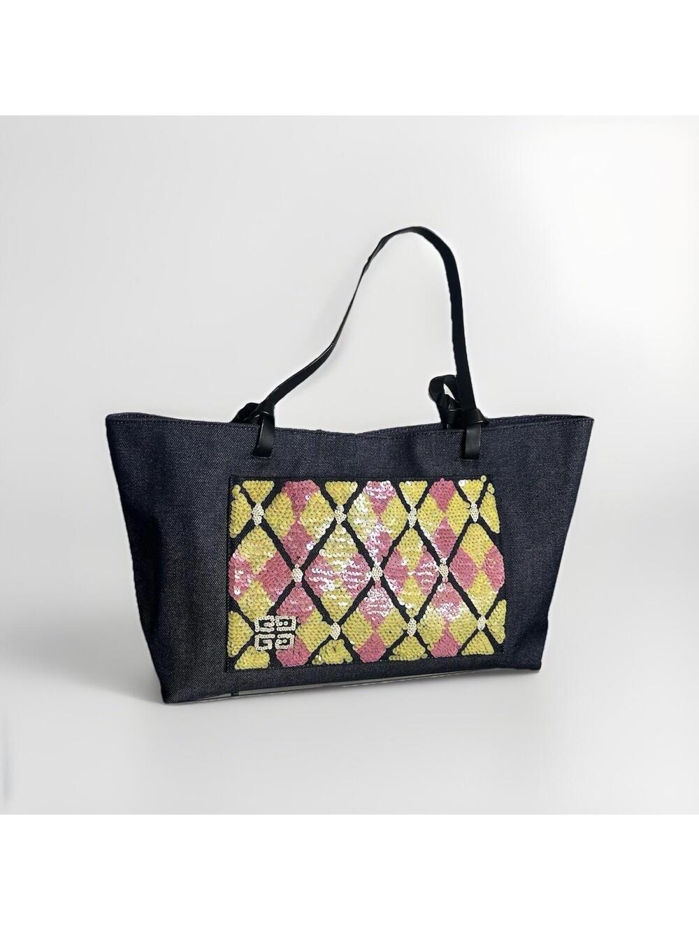 Givenchy  Denim Emblem Yellow Pink Sequins  Beaded Shoulder Tote Bag Italy AUTH
